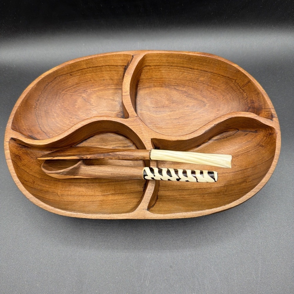 VTG MCM Handmade Monkey pod Wood Serving Dish 4 Separate Compartments 2 Utensils